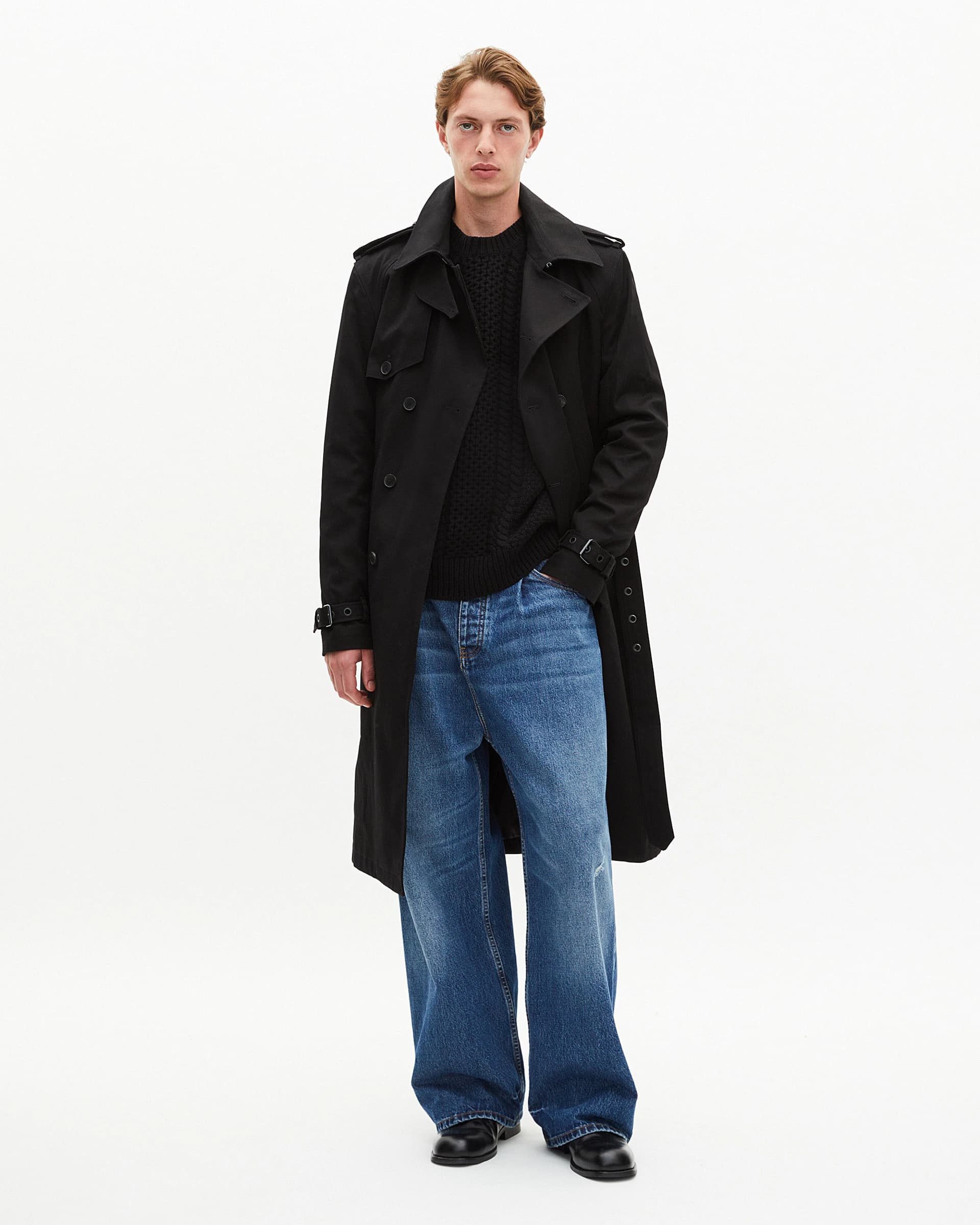 Trench coupe droite en coton noir