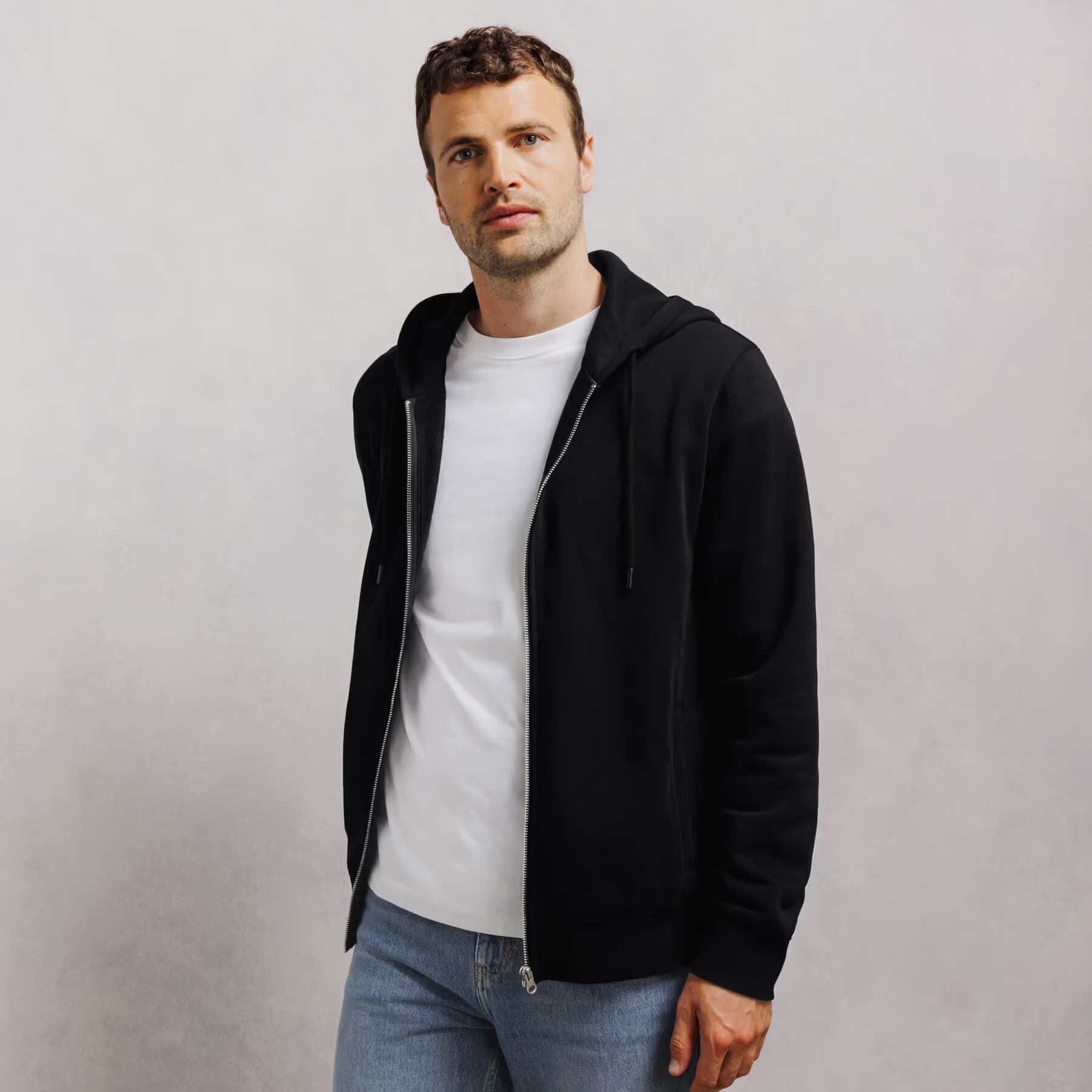 Sweat à capuche zippé molleton uni Noir