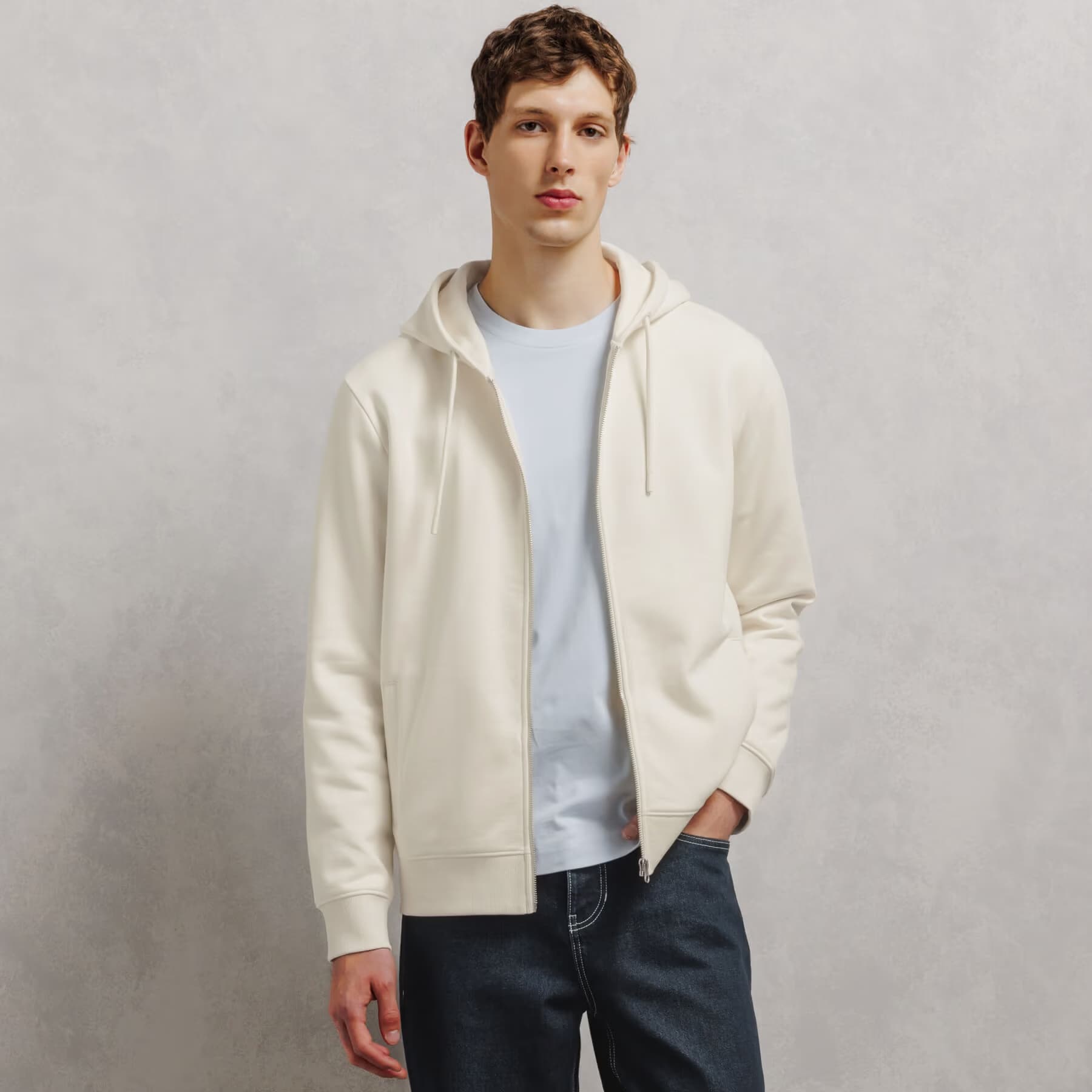 Sweat à capuche zippé molleton uni Ecru